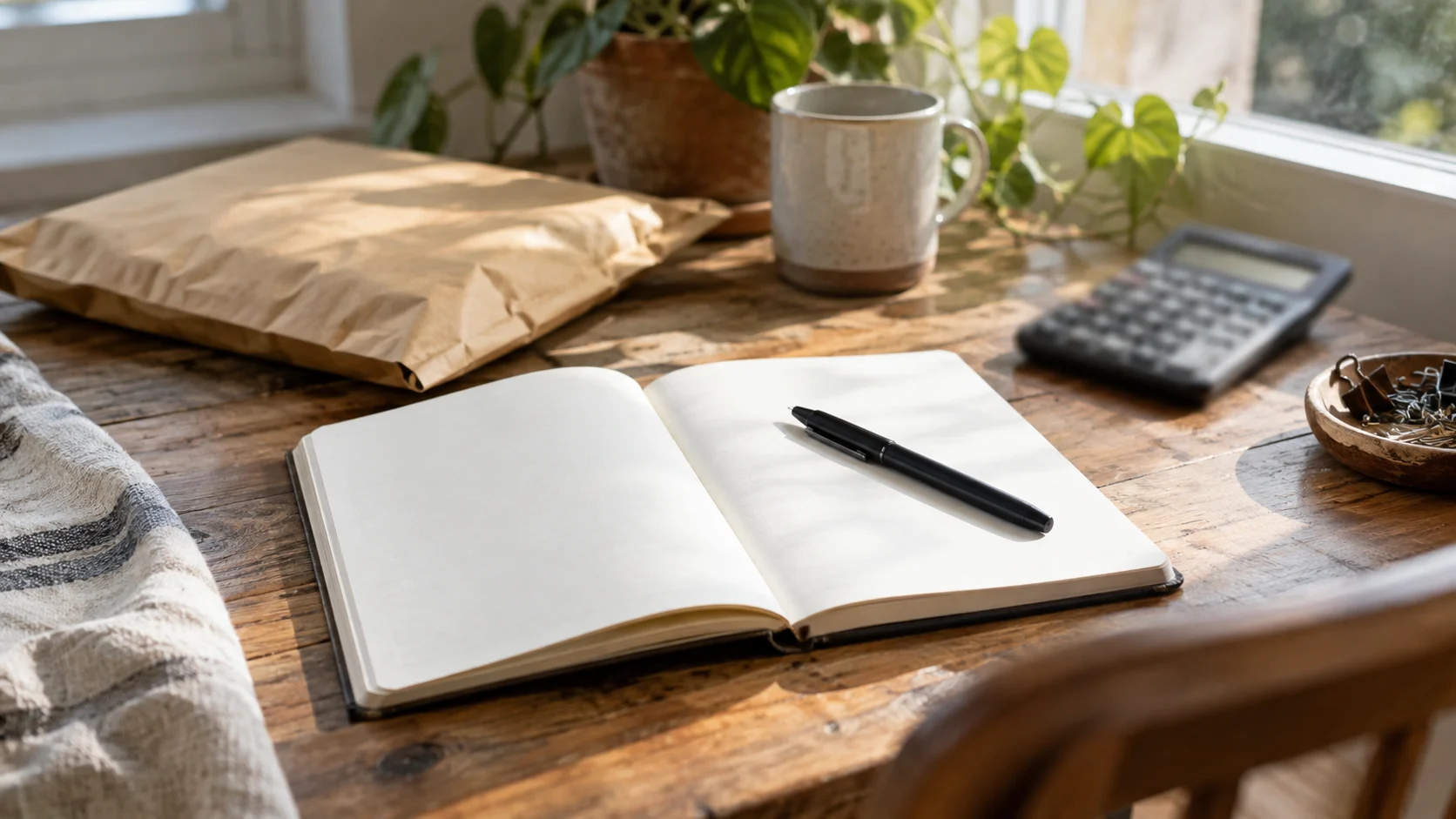 Notebook, pen and calculator used to plan order costs