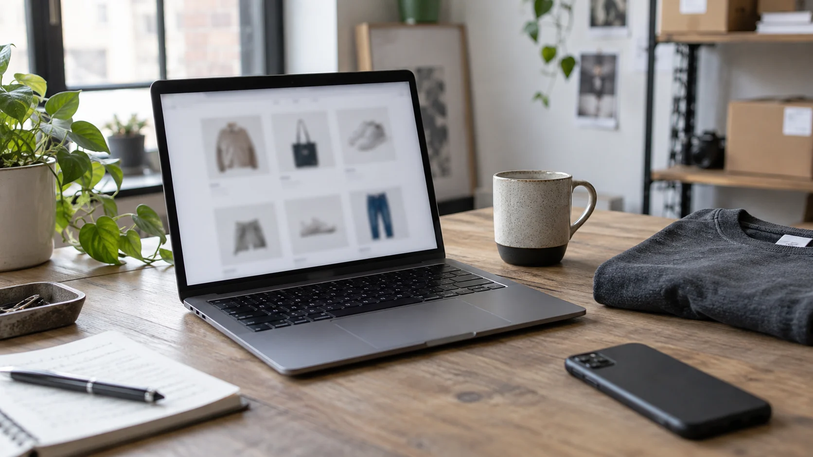 Laptop with an online product listing on a small business worktable