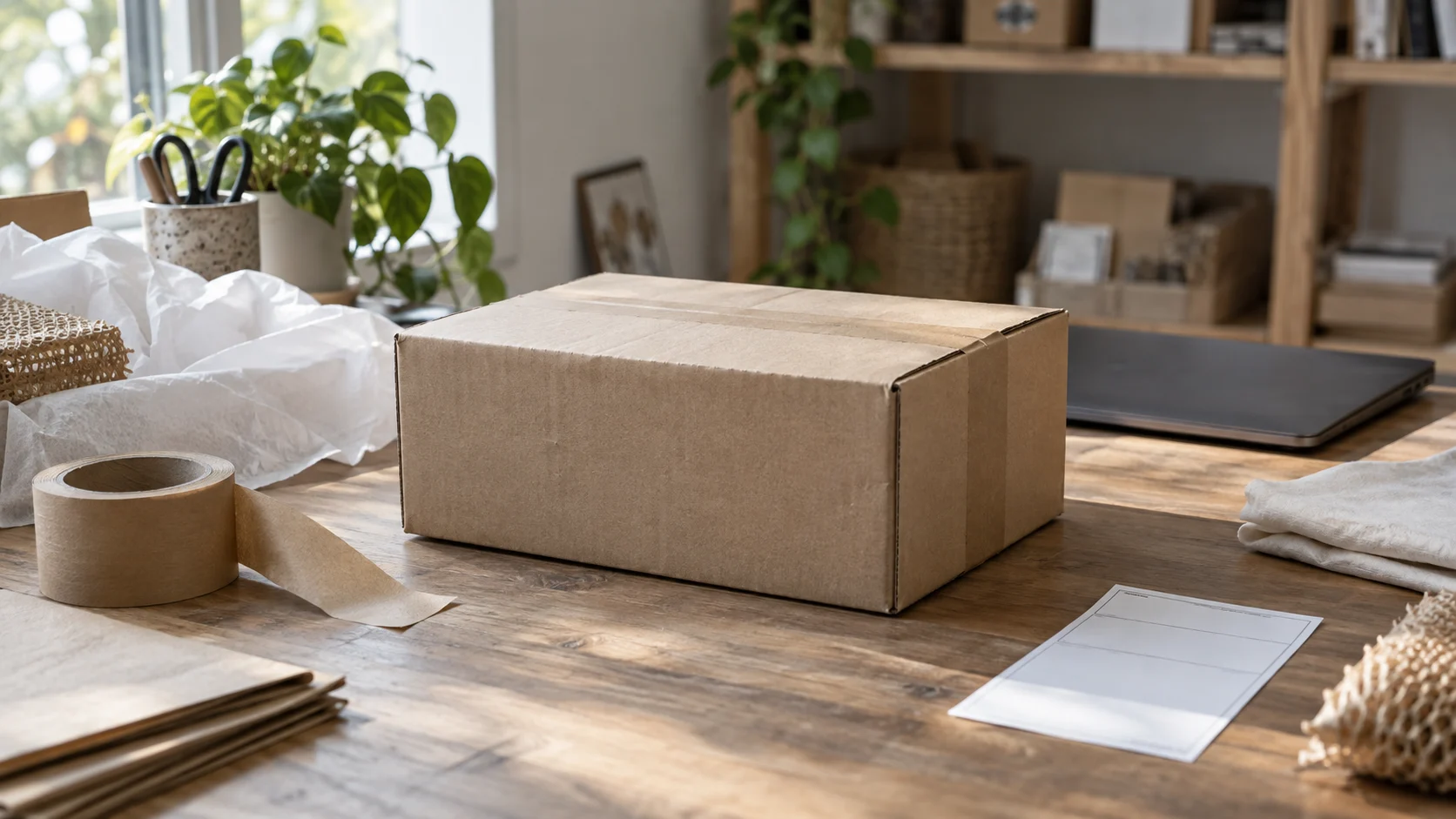 Packed shipping box on a small business fulfilment table