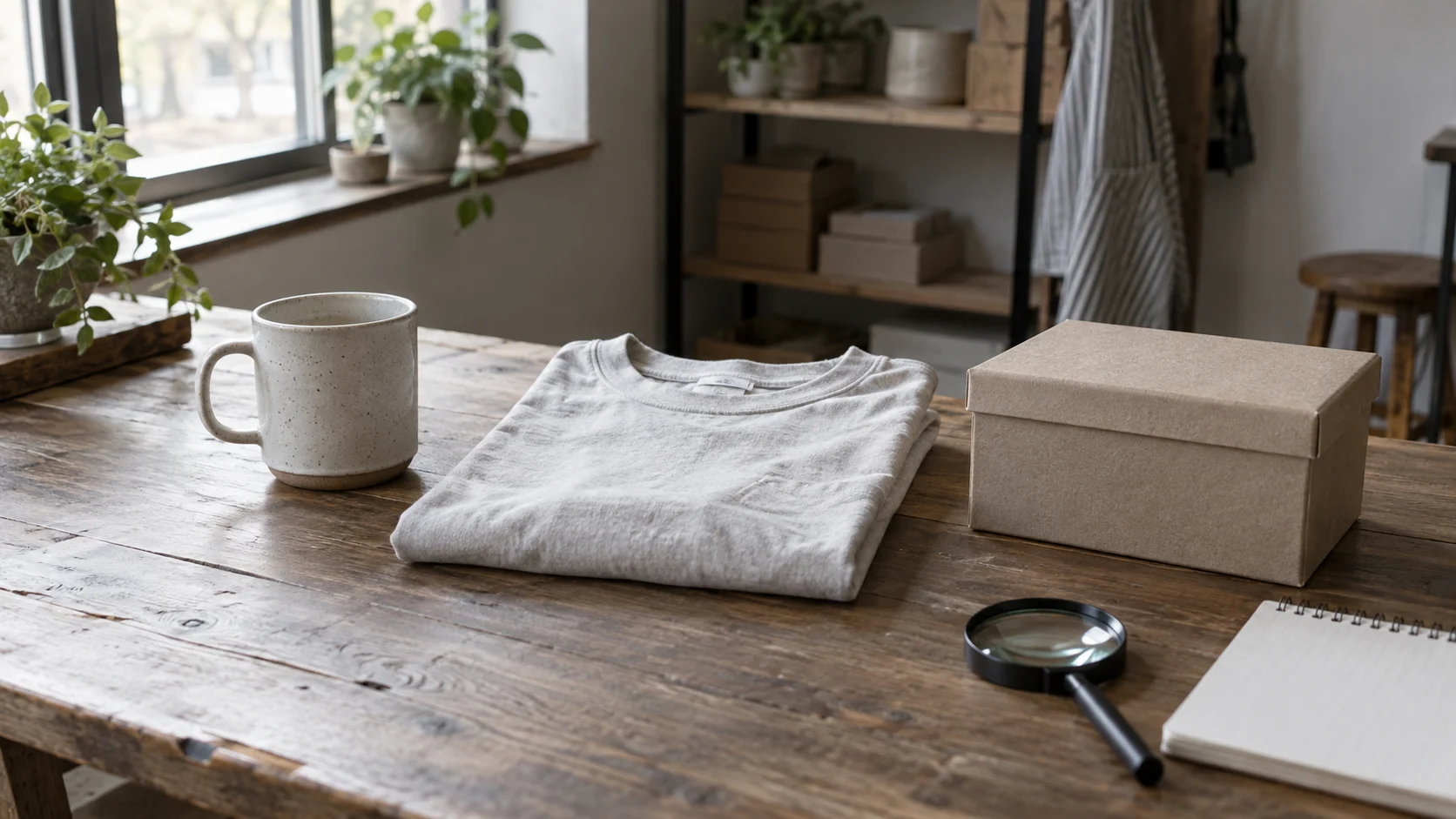 Folded clothing, a cup, product packaging and a magnifying glass on a worktable