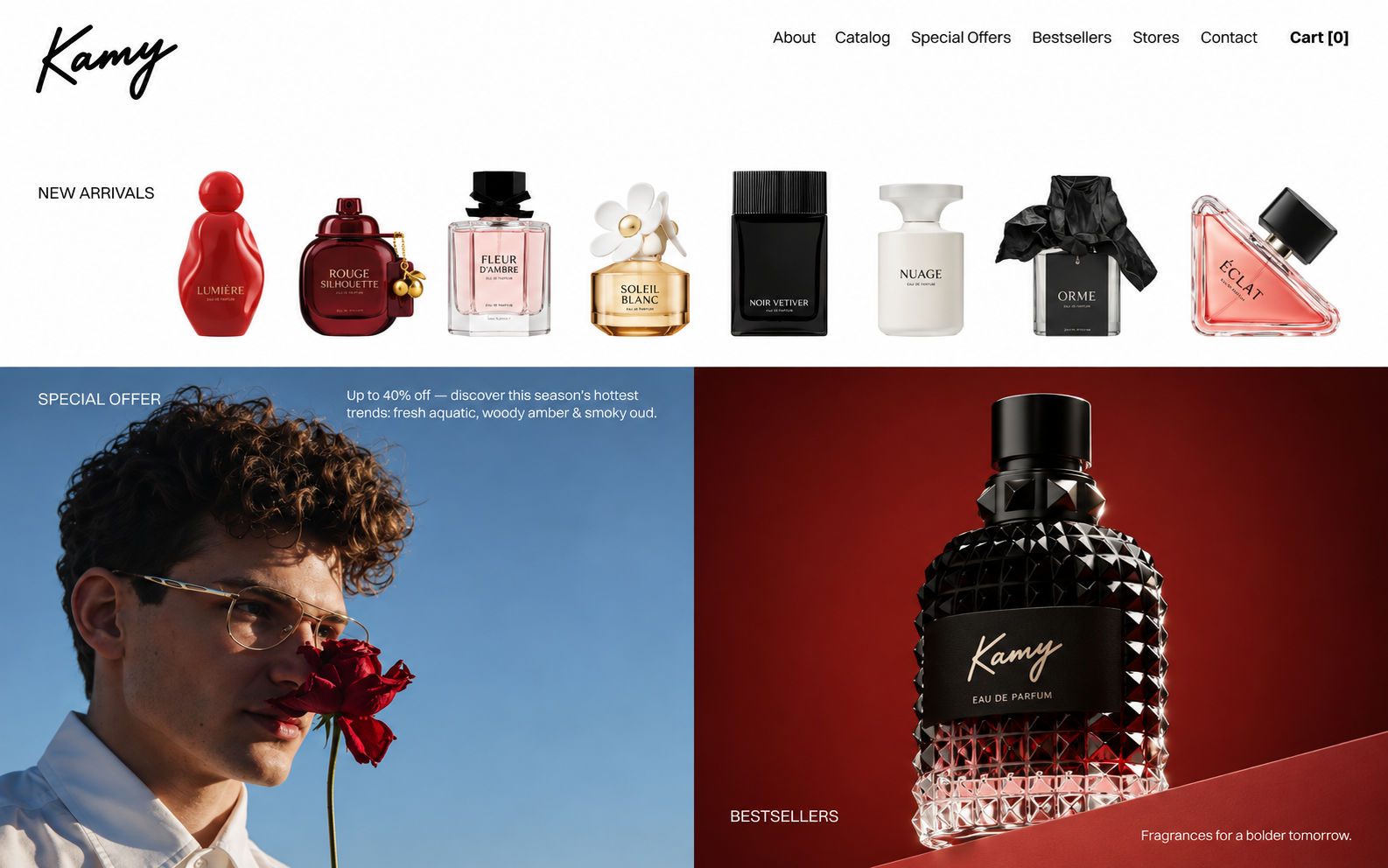 Kamy — English perfume storefront with new arrivals and editorial fragrance photography